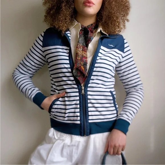 Lauren Active by Ralph Lauren L-RL Navy Blue & White Striped Zip-Up Track Jacket - Picture 16 of 16